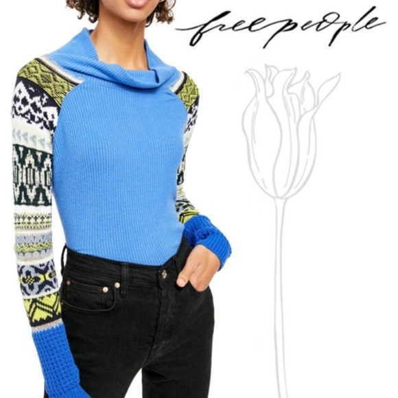 FREE PEOPLE Prism Sky Sweater Blue Bell Combo Top Sweater Mock Neck SMALL - Picture 1 of 5